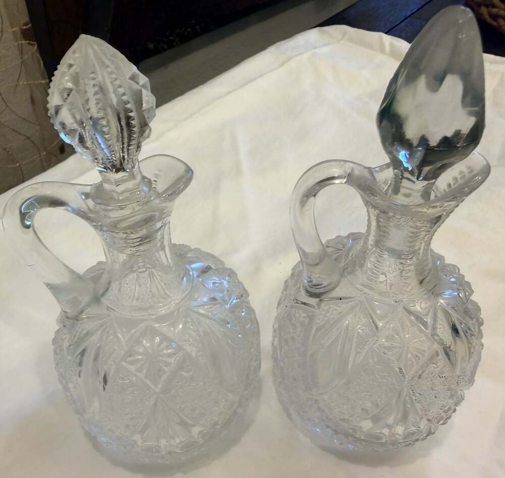 Pair of Vintage US Glass Pennsylvania Pattern Pressed and Cut Glass Cruets